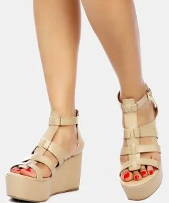 Rag & Co WINDRUSH Cage Wedge Leather Sandal In Nude