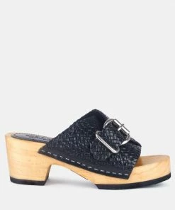 Rag & Co YORUBA Braided Black Leather Buckled Slide Clogs