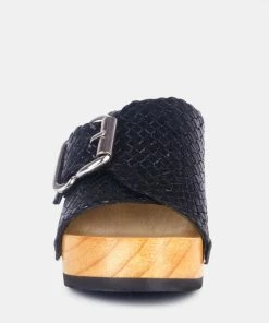 Rag & Co YORUBA Braided Black Leather Buckled Slide Clogs