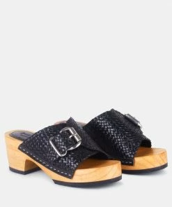 Rag & Co YORUBA Braided Black Leather Buckled Slide Clogs