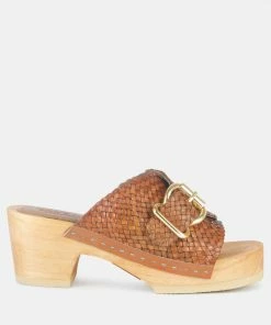 Rag & Co YORUBA Braided Tan Leather Buckled Slide Clogs SS'22